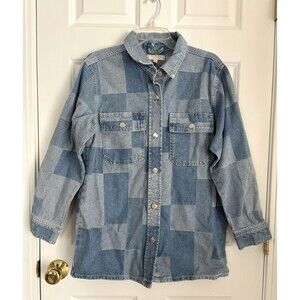 WOMEN'S SIZE MEDIUM JACKETS DEMIN SHIRT PATCHWORK BLUE LONG SLEEVE SHACKET 208